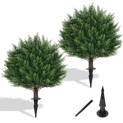 Yangrass Artificial Set of 2 Cedar Topiary Ball Trees 23" for Outdoors with Ground Spike, UV Resistant Faux Cypress Plants, Evergreen Shrubs Bushes for Front Porch Garden Backyard Decor - Image 1