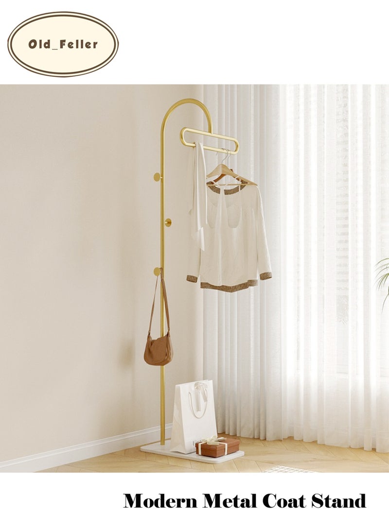 Old_Feller Freestanding Metal Coat Rack with Natural Marble Base - Standing Coat Hanger with 3 Hooks for Entryway, Bedroom, Hallway Golden - Image 1
