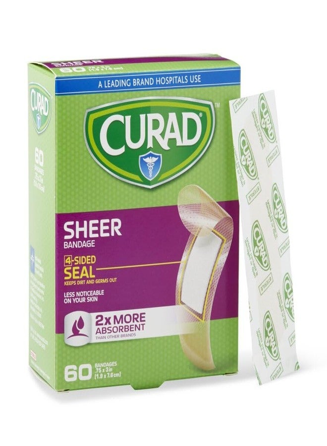 Curad CUR45242RBH Sheer Adhesive Bandages for First Aid, 3/4" x 3" Size, 60 Count - Image 1