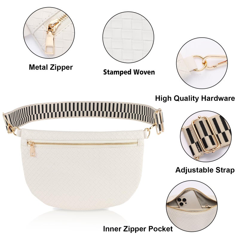 Dealkion Woven Crossbody Bags for Women Leather Belt Bum Sling Purse Fanny Waist Pack Chest Shoulder Bag for Women-Cream - Image 3