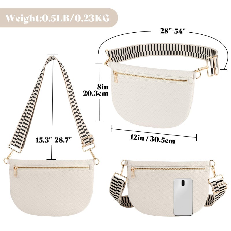 Dealkion Woven Crossbody Bags for Women Leather Belt Bum Sling Purse Fanny Waist Pack Chest Shoulder Bag for Women-Cream - Image 5