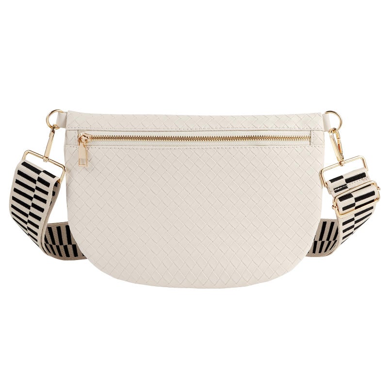 Dealkion Woven Crossbody Bags for Women Leather Belt Bum Sling Purse Fanny Waist Pack Chest Shoulder Bag for Women-Cream - Image 1
