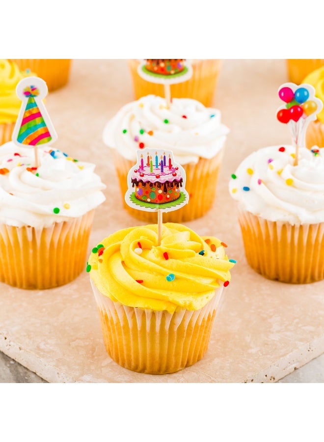 Restaurantware Top Cake 3.5 x 1.3 Inch Birthday Cupcake Toppers, 24 Piece Assorted Birthday Cupcake Decorations - Cake Decoration Supplies, For Appetizers Or Desserts, Paper Birthday Cupcake Picks - Image 3