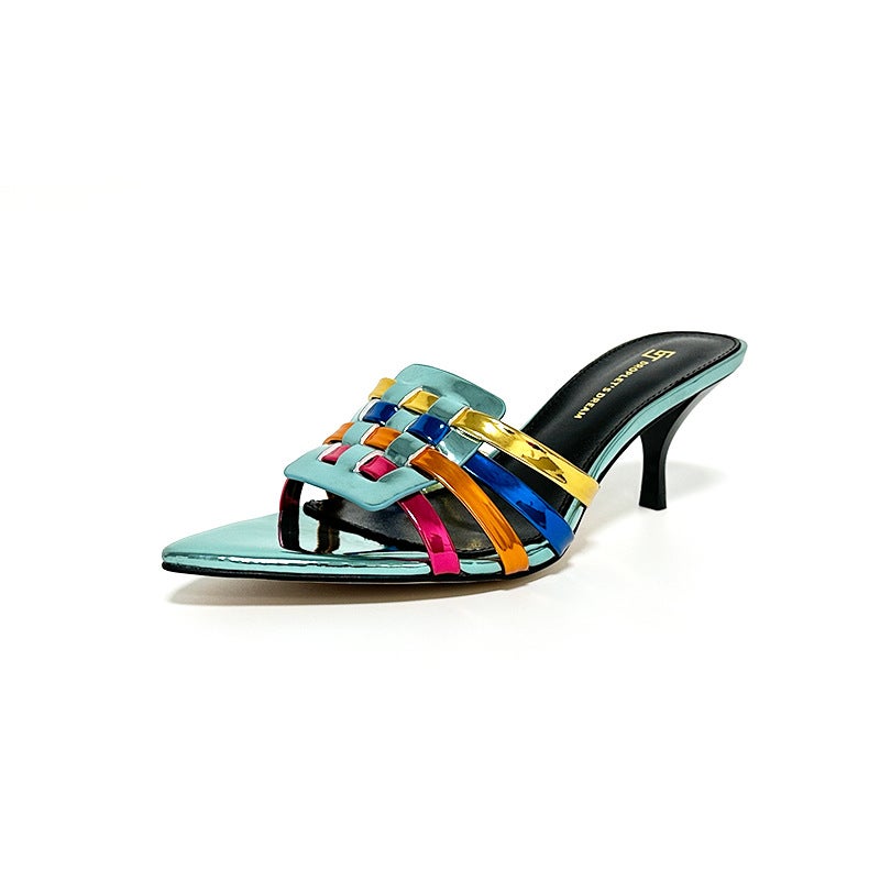 Xiaozhongpin Woven Plus Size Shiny Color Open Toe Mid Heel 7Cm Stiletto Heel Slippers - Image 2