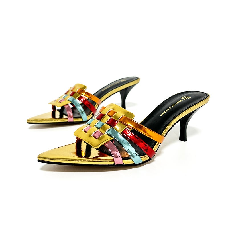 Xiaozhongpin Woven Plus Size Shiny Color Open Toe Mid Heel 7Cm Stiletto Heel Slippers - Image 5
