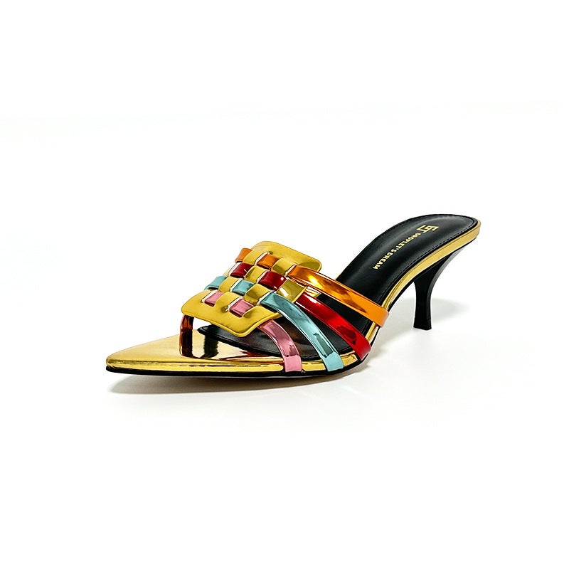 Xiaozhongpin Woven Plus Size Shiny Color Open Toe Mid Heel 7Cm Stiletto Heel Slippers - Image 4