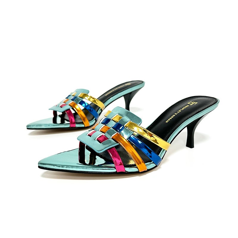 Xiaozhongpin Woven Plus Size Shiny Color Open Toe Mid Heel 7Cm Stiletto Heel Slippers - Image 3