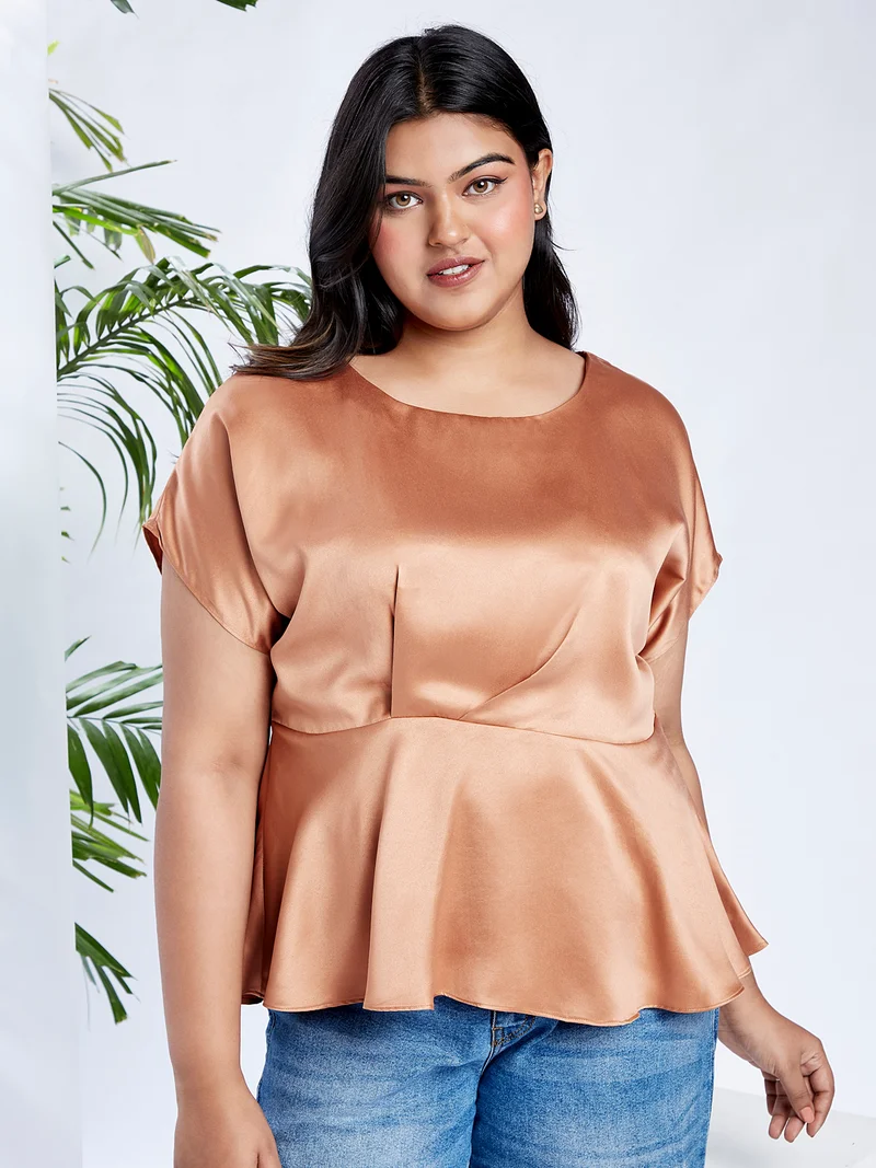 globus Gloplus Women Peach Round Neck Extended Sleeves Satin Peplum Plus Size Workwear Top