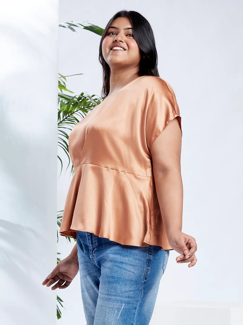 globus Gloplus Women Peach Round Neck Extended Sleeves Satin Peplum Plus Size Workwear Top