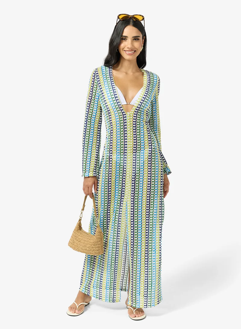 Ginger  Plunge Neck Multi Stripe Crochet Dress for Women | Best Price UAE