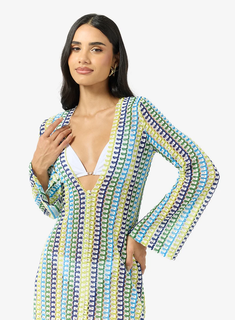 Ginger  Plunge Neck Multi Stripe Crochet Dress for Women | Best Price UAE