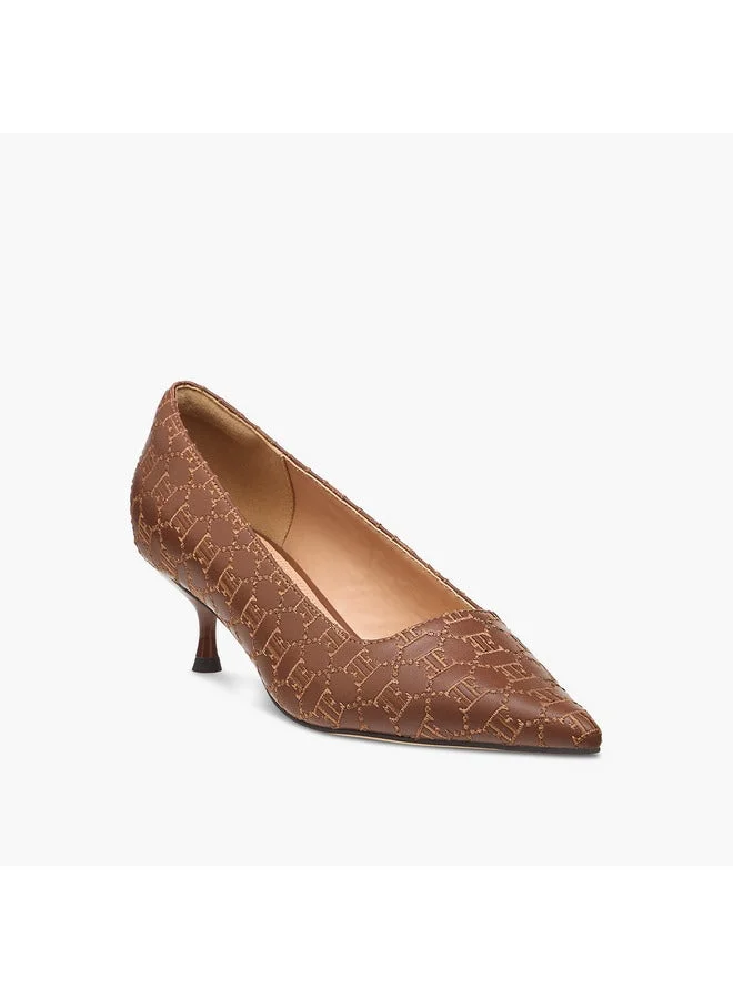 ELLE Women's Monogram Embroidered Slip-On Shoes with Kitten Heels