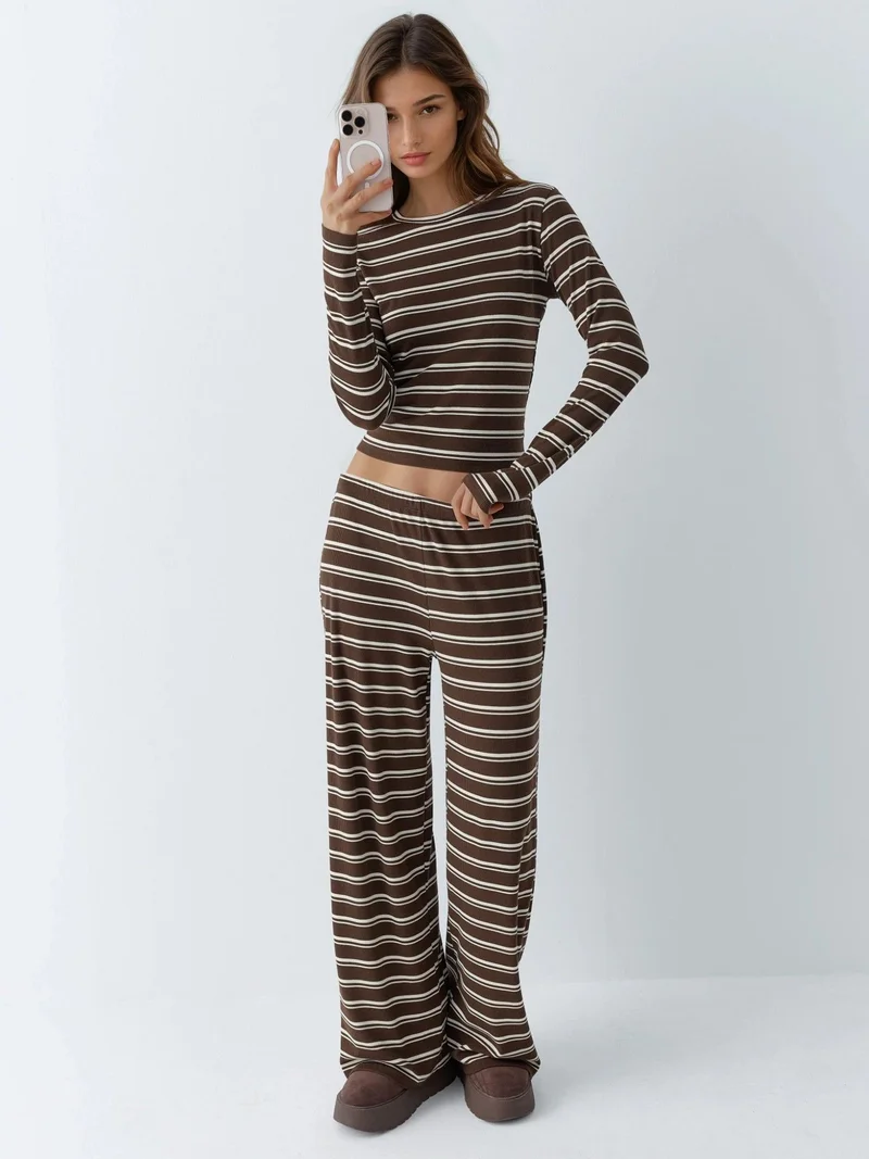 HICCUP Beaver Brown Striped Wide Leg Two-Piece Coord Set for Women | Best Price UAE