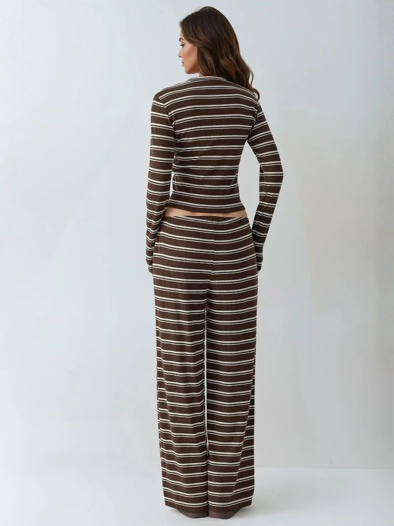 HICCUP Beaver Brown Striped Wide Leg Two-Piece Coord Set for Women | Best Price UAE