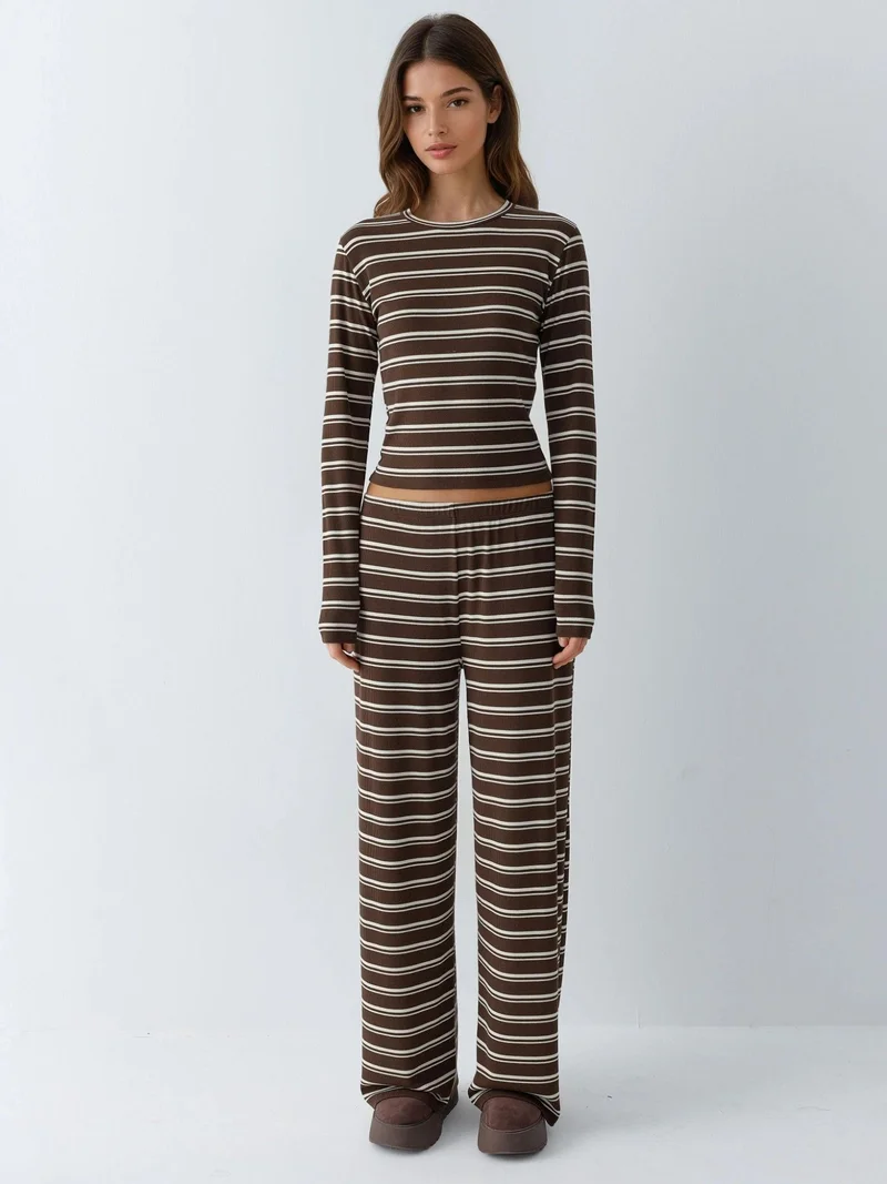 HICCUP Beaver Brown Striped Wide Leg Two-Piece Coord Set for Women | Best Price UAE