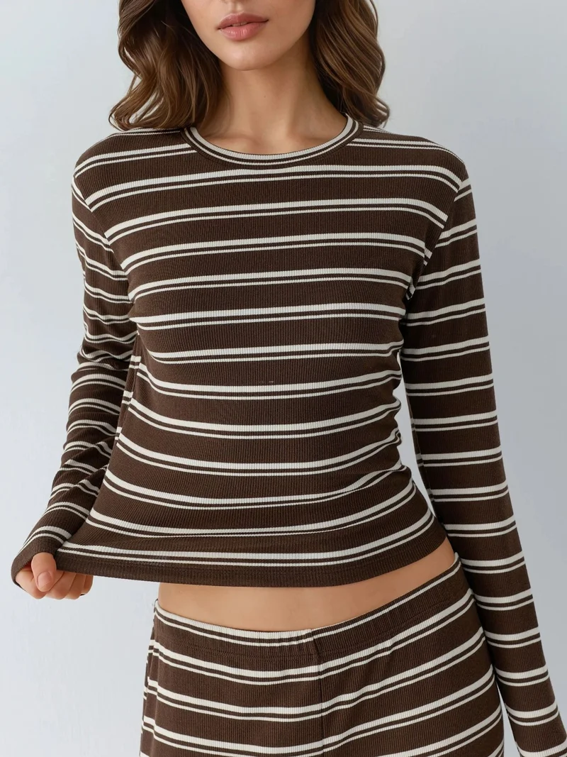 HICCUP Beaver Brown Striped Wide Leg Two-Piece Coord Set for Women | Best Price UAE