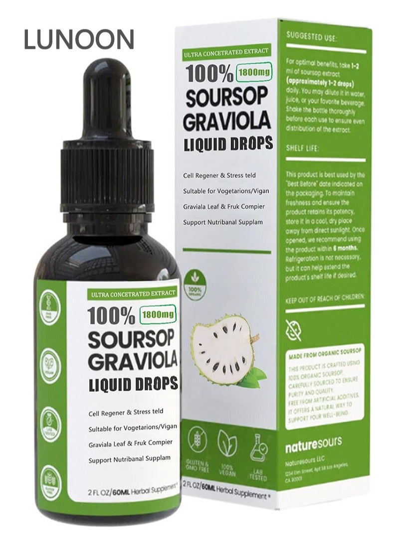 LUNOON Soursop Multivitamin Liquid Drops 1800mg for Regeneration,Immune Boost,Relax,Liver and Zzz,Soursop Graviola Liquid Drops for Daily Health and Immunity Support,Gluten-Free,100% Vegan and Lab-Tested,2 Fl Oz,60 ml  - Image 1