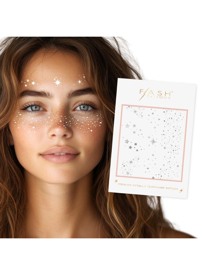 Flash+Tattoos Fairy Dust Metallic Temporary tattoos-2 sheet mini pack | Includes over 23 premium silver foil giltter tattoos | face glitter, face gems, festival, face freckles, celestial, moon - Image 1