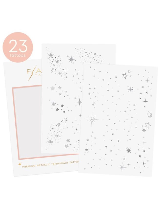 Flash+Tattoos Fairy Dust Metallic Temporary tattoos-2 sheet mini pack | Includes over 23 premium silver foil giltter tattoos | face glitter, face gems, festival, face freckles, celestial, moon - Image 2