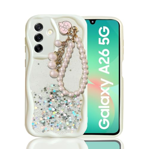 KC Back Cover for Samsung Galaxy A26 5G - Shiny Pearl Wrist Hanging Chain Dry Fixed Glitter Curly Wave Shape Shockproof Soft Silicone Case with Camera Protection (White) - Image 1