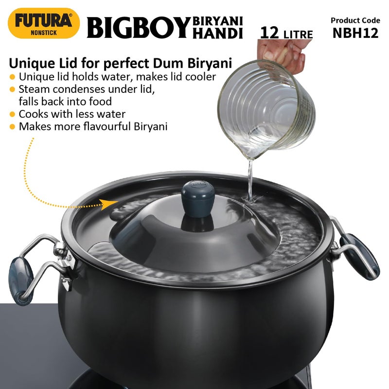 Hawkins Hawkins Futura 12 Litre BigBoy Biryani Handi Non Stick Pot with Hard Anodised Lid Sauce Pan for Cooking and Serving Biriyani Black NBH12 Aluminium  - Image 2