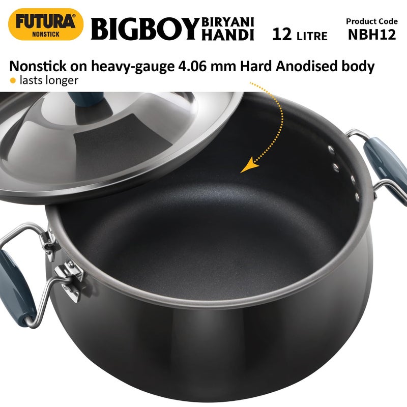 Hawkins Hawkins Futura 12 Litre BigBoy Biryani Handi Non Stick Pot with Hard Anodised Lid Sauce Pan for Cooking and Serving Biriyani Black NBH12 Aluminium  - Image 5
