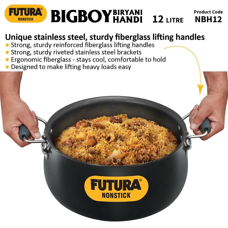 Hawkins Hawkins Futura 12 Litre BigBoy Biryani Handi Non Stick Pot with Hard Anodised Lid Sauce Pan for Cooking and Serving Biriyani Black NBH12 Aluminium  - Image 3