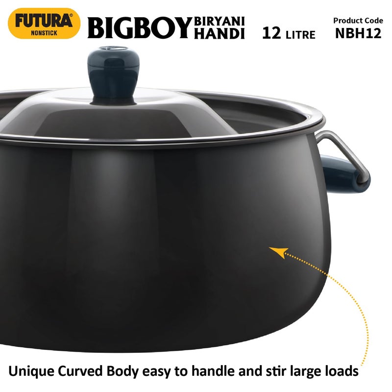 Hawkins Hawkins Futura 12 Litre BigBoy Biryani Handi Non Stick Pot with Hard Anodised Lid Sauce Pan for Cooking and Serving Biriyani Black NBH12 Aluminium  - Image 4