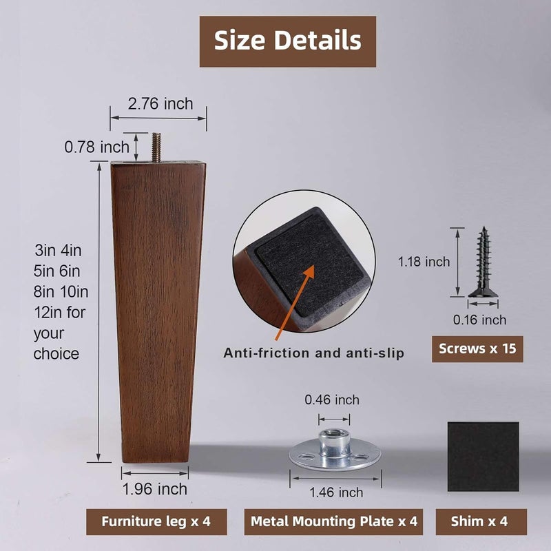 WEKIS Solid Wooden Furniture Legs 10 Inch, Natural Wood Mid Century Brown Square Legs Furniture Replacements Feet for Couch Legs, Sofa Legs, Cabinet Legs, Bench Legs, Bed Legs, Set of 4 - Image 3