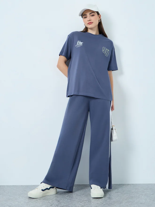 Styli Styli Blue Oversized T-Shirt and Wide Leg Joggers Co-ords
