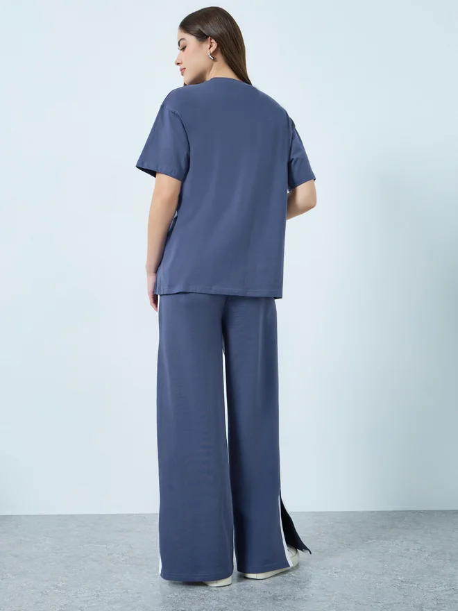 Styli  Styli Blue Oversized T-Shirt and Wide Leg Joggers Co-ords  | Best Price UAE