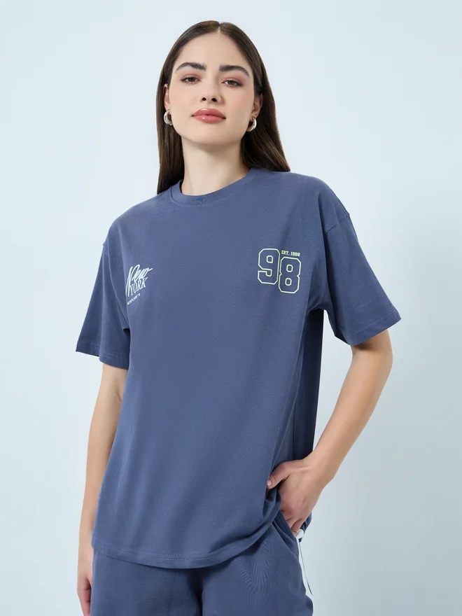 Styli  Styli Blue Oversized T-Shirt and Wide Leg Joggers Co-ords  | Best Price UAE