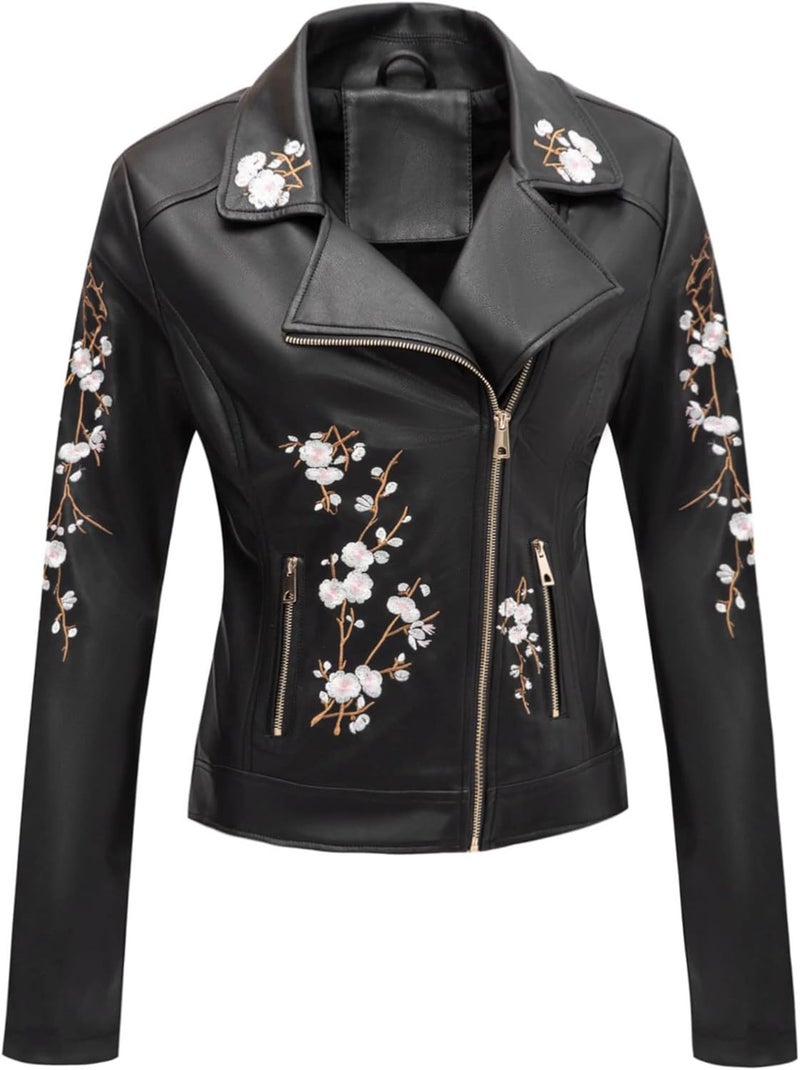 Bellivera Women's Faux Leather Floral Moto Biker Jacket, Black, XXL - Image 1
