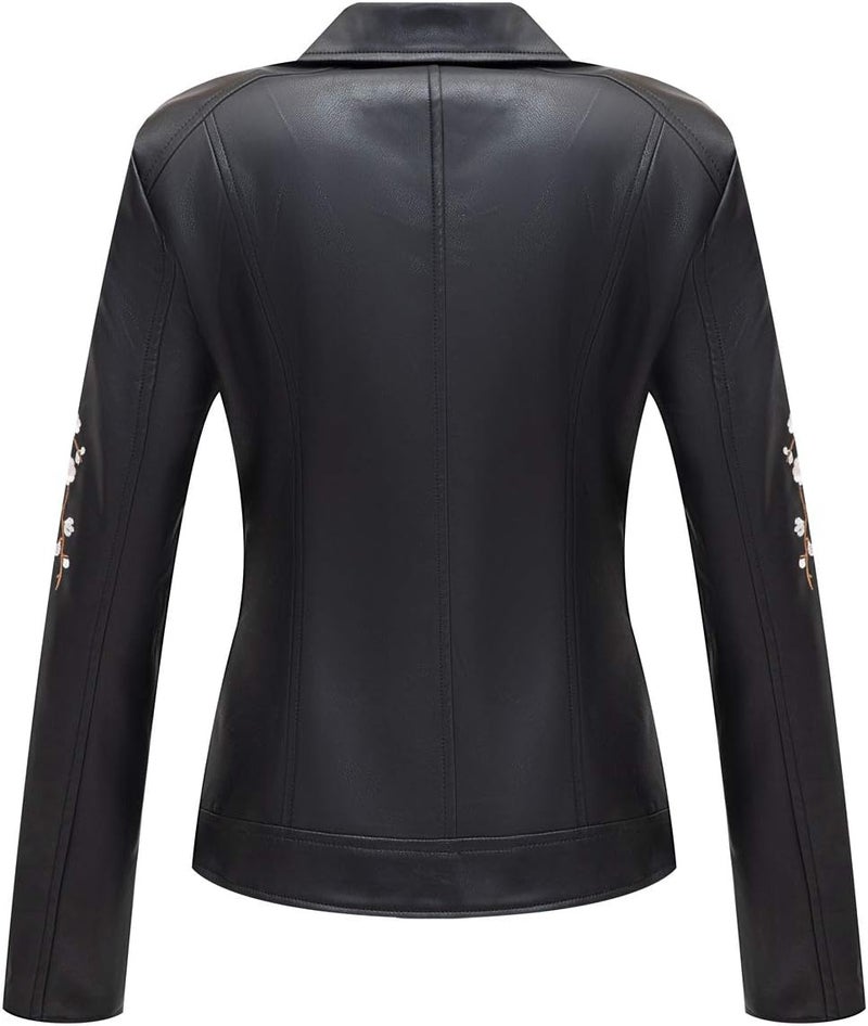 Bellivera Women's Faux Leather Floral Moto Biker Jacket, Black, XXL - Image 5