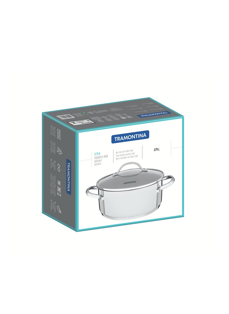 TRAMONTINA - Since 1911,Made in Brazil- Una Shallow Casserole, 16cm, Stainless Steel, Tri-Ply Base, Even Heat Distribution, 1.4L Capacity, Culinary Excellence, Premium Quality, Bold Design, Glass Lid, Special Meals, Kitchen Companion, Efficient Cooking, Uniform Cooking, Everyday Culinary, Modern Design, Culinary Masterpieces, Sophisticated Kitchen, Convenience, Premium Cookware, Kitchen Delights, Kitchen Style, Kitchen Performance, Culinary Creations - Image 1