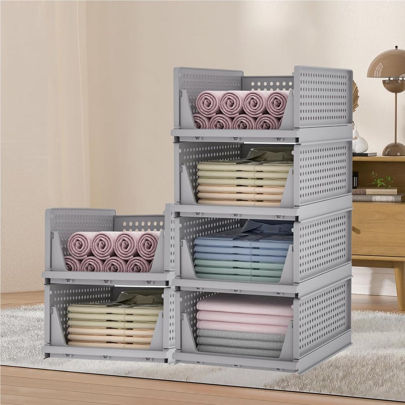 Kuber Industries Kuber Industries Storage Organizer Wardrobe Organizer For Clothes Cupboard Organizer Foldable Shirt Stacker Box Cloth Box for Almirah Closet Storage Basket Large Pack of 6 Gray  - Image 1