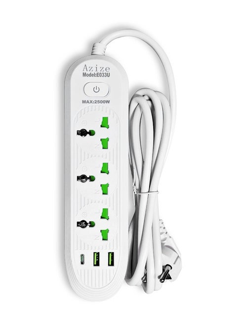 Safety Electric Power Outlets Sockets E033U , Multi Power Strip Surge Protector With 3 Outlets 2500W , Fast Charging Power Plug Extension Socket with 2 USB Port and 1 Type-C - White