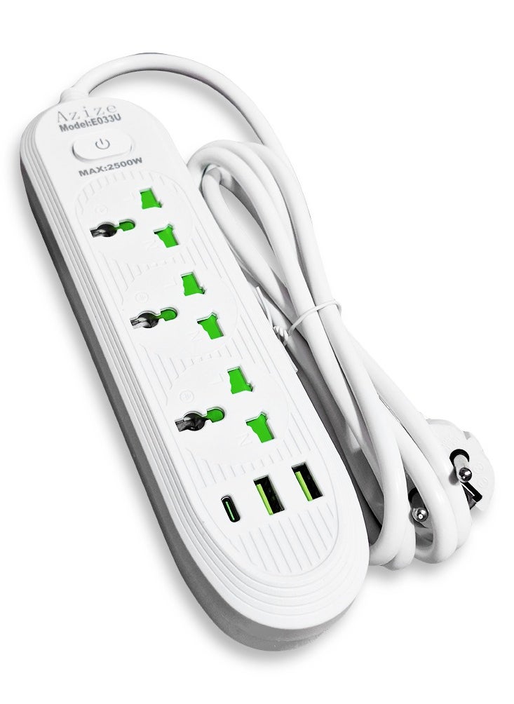 Generic - Safety Electric Power Outlets Sockets E033U , Multi Power Strip Surge Protector With 3 Outlets 2500W , Fast Charging Power Plug Extension Socket with 2 USB Port and 1 Type-C - White - Image 1