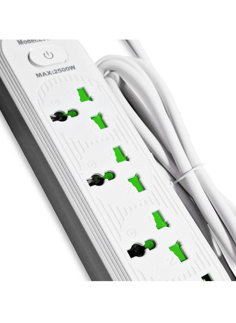 Generic - Safety Electric Power Outlets Sockets E033U , Multi Power Strip Surge Protector With 3 Outlets 2500W , Fast Charging Power Plug Extension Socket with 2 USB Port and 1 Type-C - White - Image 1