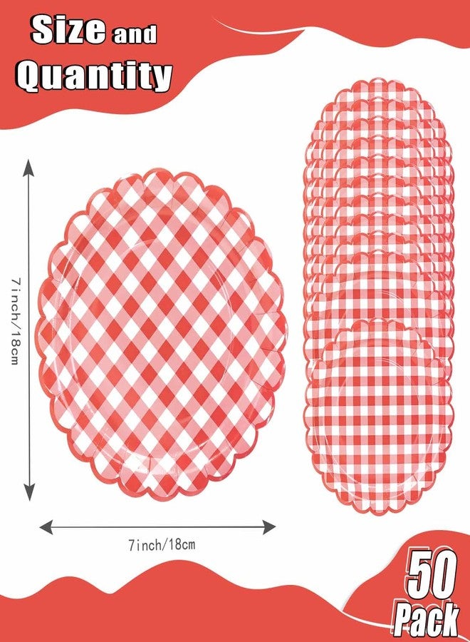 HEIPINIUYE 50 Pieces Red Gingham Paper Plates 7 Inch Red and White Scalloped Plates Disposable Dinner Plate for Wedding Baby Shower Birthday Party Checkered Dessert Plate - Image 3