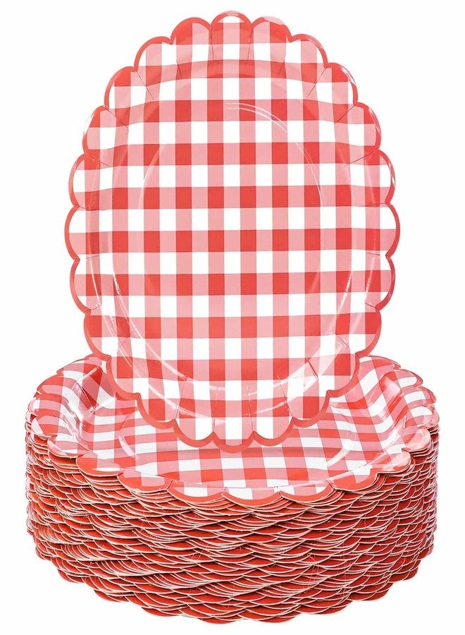 HEIPINIUYE 50 Pieces Red Gingham Paper Plates 7 Inch Red and White Scalloped Plates Disposable Dinner Plate for Wedding Baby Shower Birthday Party Checkered Dessert Plate - Image 1