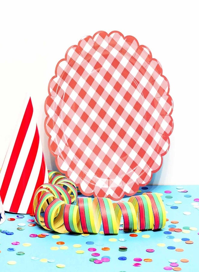 HEIPINIUYE 50 Pieces Red Gingham Paper Plates 7 Inch Red and White Scalloped Plates Disposable Dinner Plate for Wedding Baby Shower Birthday Party Checkered Dessert Plate - Image 2
