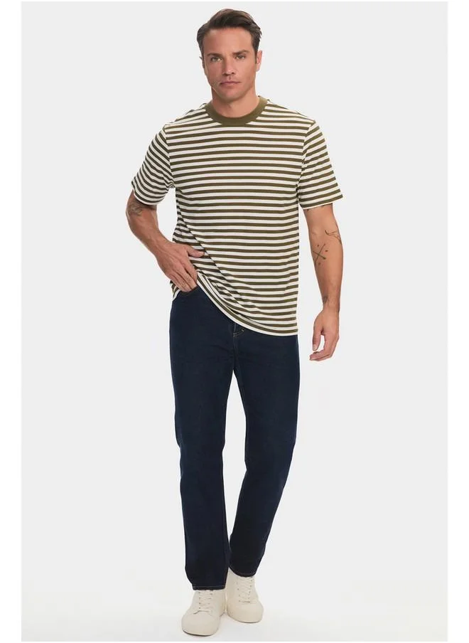 جون June Men Regular Fit 100% Cotton Crew Neck Striped Tshirt Khaki