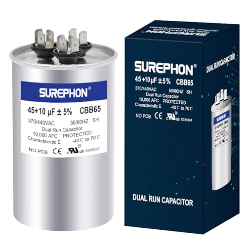 SUREPHON 45+10 uF 45/10 MFD ±5% 370V/440VAC Dual Run Start Capacitor CBB65B Works for AC Unit Fan Motor Start or Heat Pump or Condenser Straight Cool - Image 1