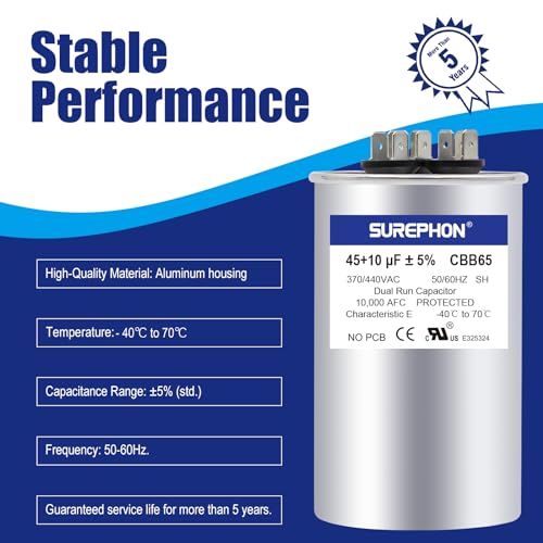 SUREPHON 45+10 uF 45/10 MFD ±5% 370V/440VAC Dual Run Start Capacitor CBB65B Works for AC Unit Fan Motor Start or Heat Pump or Condenser Straight Cool - Image 4