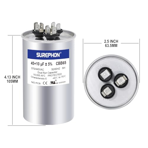 SUREPHON 45+10 uF 45/10 MFD ±5% 370V/440VAC Dual Run Start Capacitor CBB65B Works for AC Unit Fan Motor Start or Heat Pump or Condenser Straight Cool - Image 2