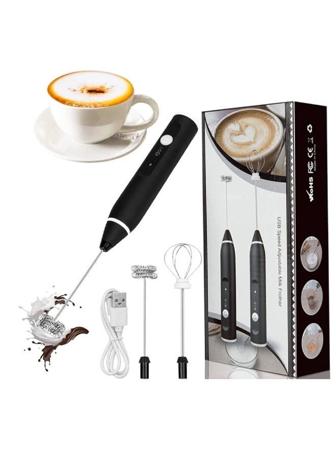 Frother Electric Whisk, Handheld Milk Frother USB Rechargeable, 3-Speed Force Adjustment Milk Bubbler 2 In 1 Milk Bubbler Perfect for Coffee, Latte, Cappuccino, Electric Foam Maker, Drink Mixer with Stainless whisks 3 Speed Adjustable Foam Maker Blender for Cappuccino ((Black)) - Image 1