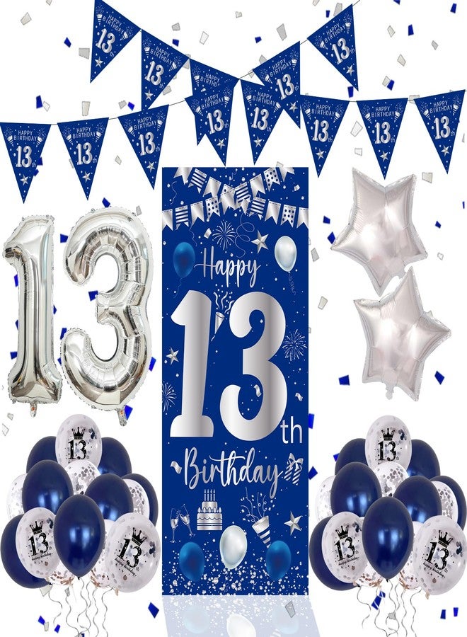 Purtarly Blue 13th Birthday Decorations for Boys Girls, Happy 13th Birthday Decorations Boy, 13 Birthay Banner Decor Number 13 Foil Balloon, Triangle Flag, Official Teenager 13 Year Old Bday Party Supplies - Image 1