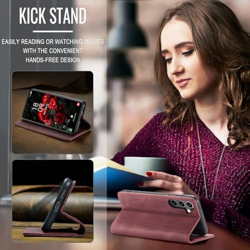 CaseMe for Samsung Galaxy S24 FE Wallet Case,Soft PU Leather Flip Case Magnetic Stand Flip Protective Cover Leather Case with ID & Credit Card Slots Holder Case (Red, S24 FE) - Image 3