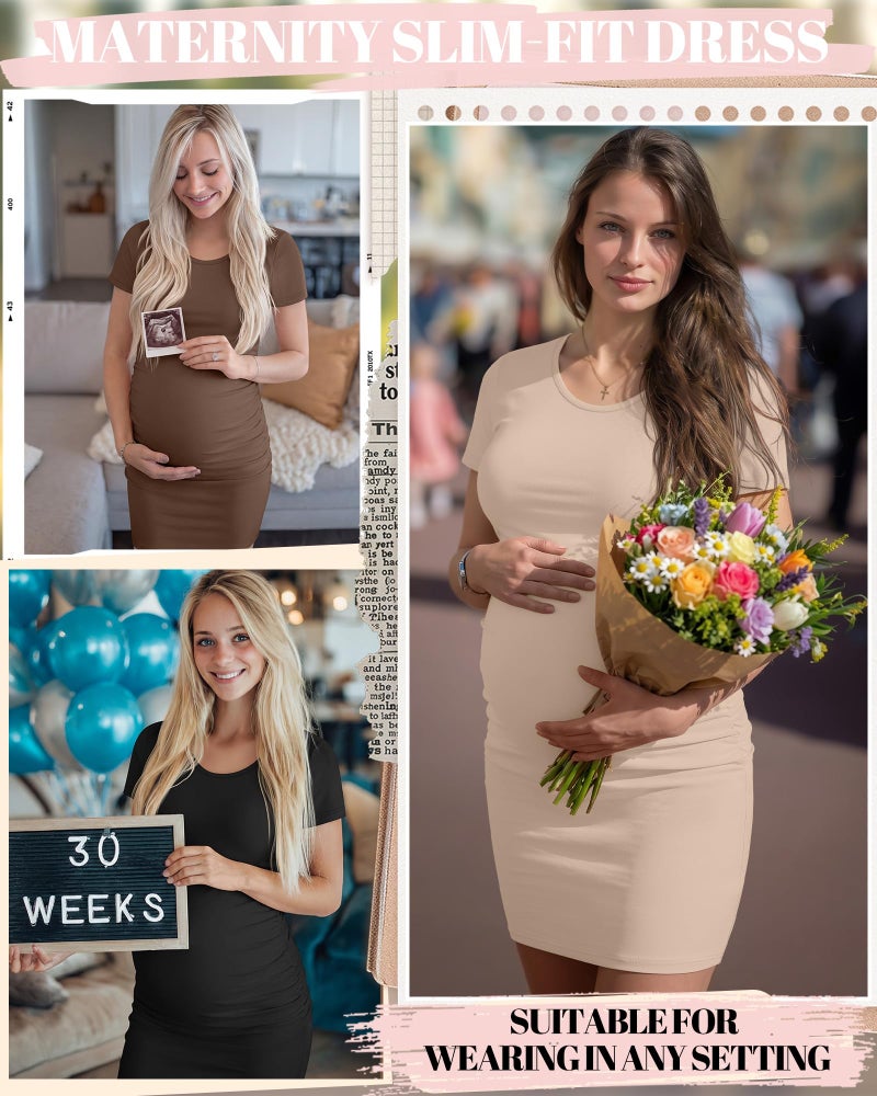 Riyiper 3 Pack Women's Maternity Dresses, Short Sleeve Pregnancy Dress Side Ruched Crew Neck Knee Length Mama Clothes(Black, Coffee, Khaki,Medium) - Image 3